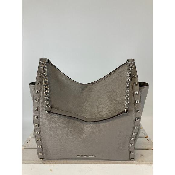 MICHAEL KORS LARGE GRAY PEBBLED LEATHER STUDED SHOULDER BAG - Picture 2 of 16